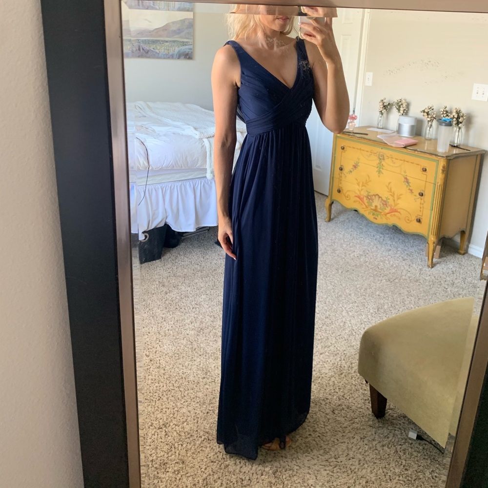 David’s Bridal Long Mesh Dress w/ Cowl Back Detail